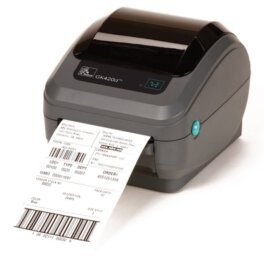 Home 103 Zebra GK420d thermal desktop barcode printer with a label being printed