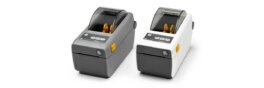 Zebra ZD410 compact desktop printers in black and white