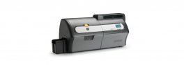 Home 113 Zebra ZXP Series 7 dual-sided ID card printer viewed from the side with the card output slot visible.