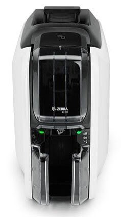 Home 106 Front view of a Zebra single-sided ID card printer, showcasing its white design