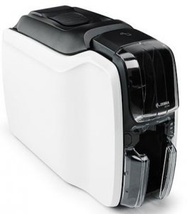 Home 107 Zebra single-sided ID card printer with a sleek white and black design