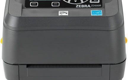 Front view of the Zebra ZD500R UHF RFID desktop printer showing control panel