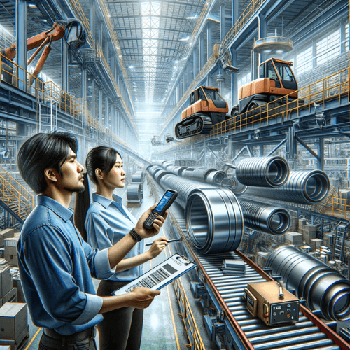 Two workers in blue shirts use barcode scanner in a modern warehouse.