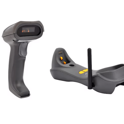 A Bluetooth barcode scanner next to its charging dock, highlighting the device's ergonomic design and the dock's connectivity features.