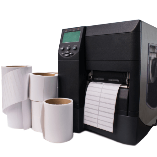 Thermal printer with blank barcode labels and barcode ribbons used for precise and durable label printing.