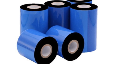A set of six blue thermal transfer ribbon rolls arranged on a white background.