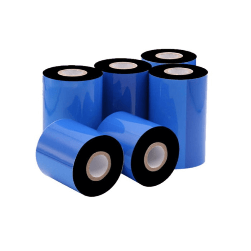 A set of six blue thermal transfer ribbon rolls arranged on a white background.