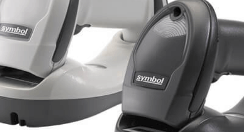 Two handheld barcode scanners, black and white.