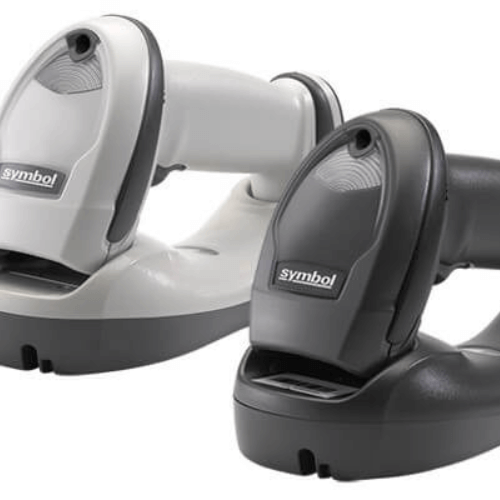 Two handheld barcode scanners, black and white.