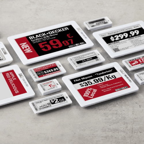 Various electronic shelf labels displaying prices and product information, featuring modern designs and distinct color schemes.