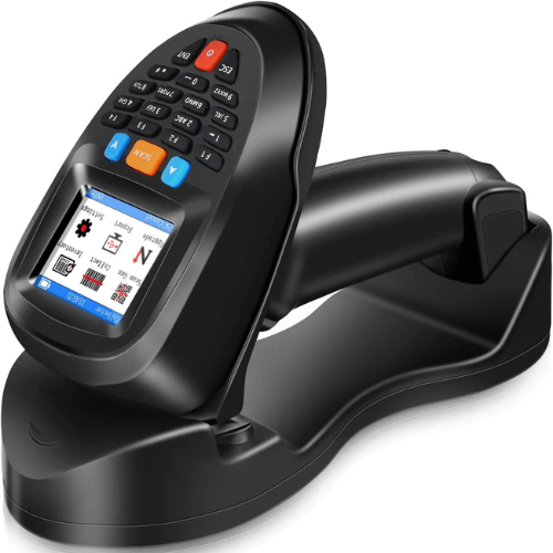 Advanced handheld barcode scanner with a digital display, designed for inventory management and retail operations.