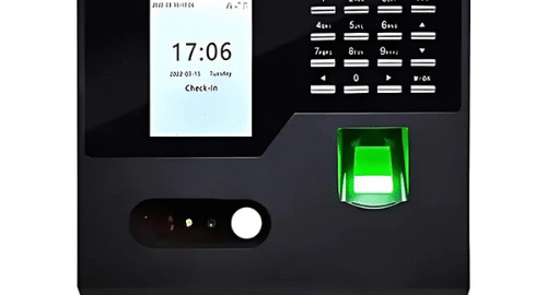 Biometric attendance system with a fingerprint scanner and digital display.