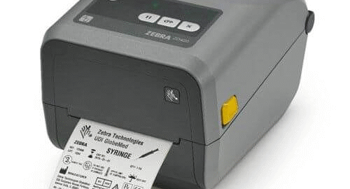 Zebra ZD421t thermal transfer printer printing a label.