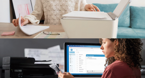 Two women using printers in home and office settings.