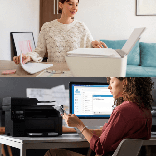 Two women using printers in home and office settings.