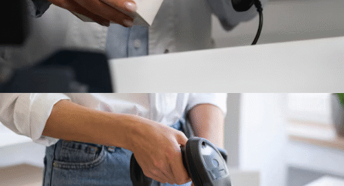 Close-up of hands using barcode scanners on products and packages.