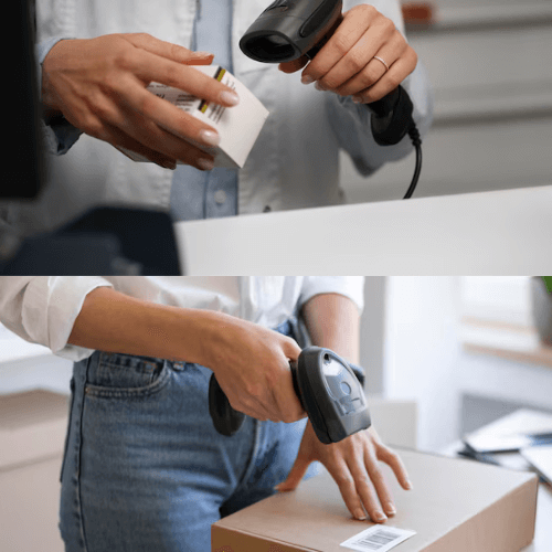 Close-up of hands using barcode scanners on products and packages.