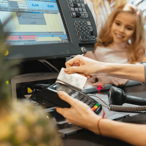 POS system in use at a retail store with a customer.