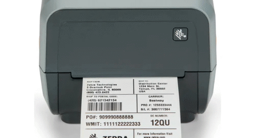 Zebra barcode printer printing a label.