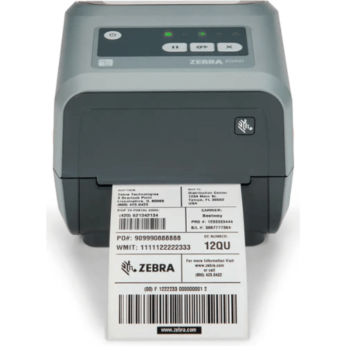 Zebra barcode printer printing a label.