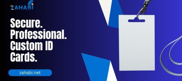 A blank custom ID card with a lanyard, showcasing a professional and secure design on a blue and white background with the Zahabi logo.