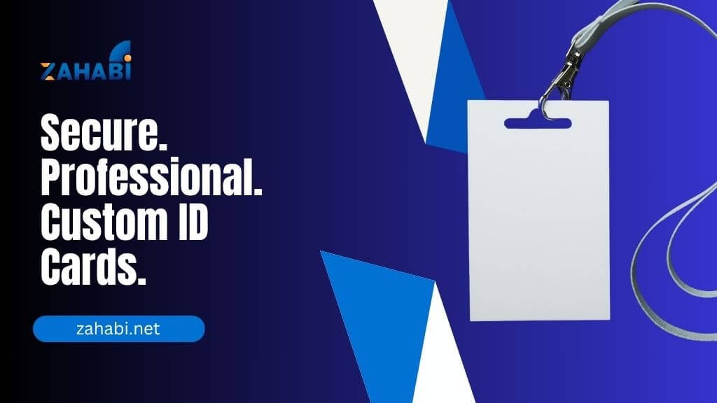 A blank custom ID card with a lanyard, showcasing a professional and secure design on a blue and white background with the Zahabi logo.