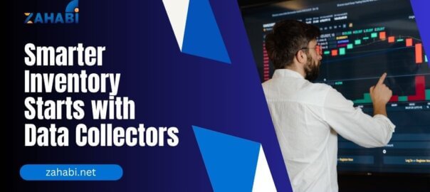 A professional analyzing inventory data on a digital dashboard, emphasizing efficiency with Zahabi's data collection solutions in a modern blue-themed design.