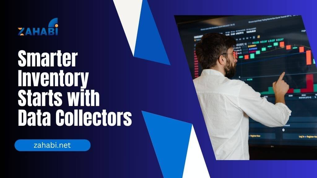 A professional analyzing inventory data on a digital dashboard, emphasizing efficiency with Zahabi's data collection solutions in a modern blue-themed design.