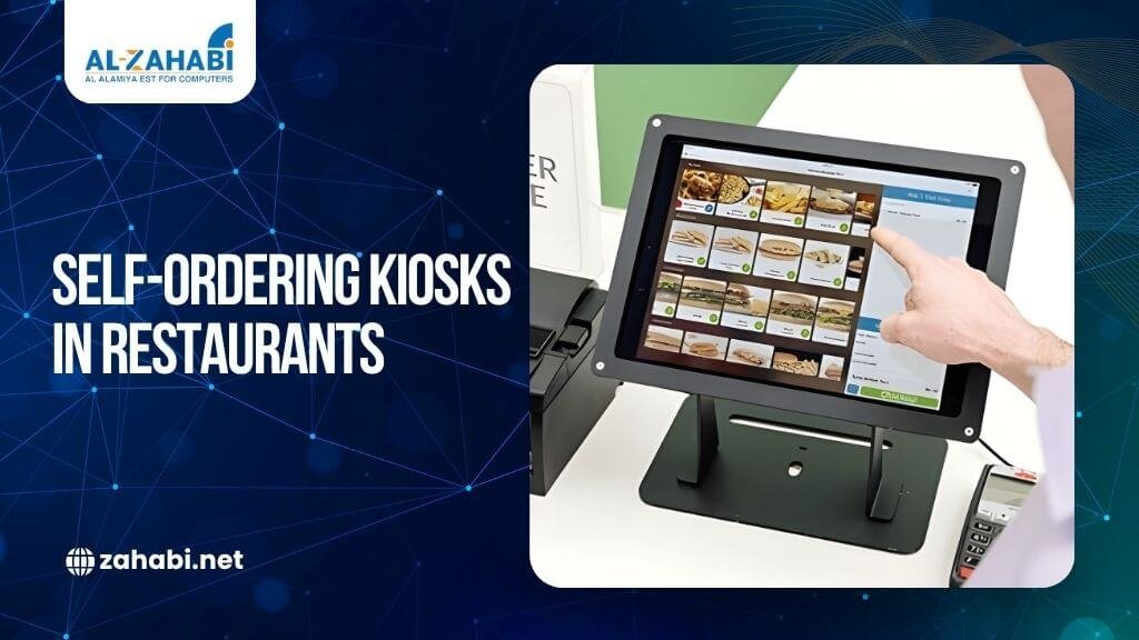 Customer using a self-ordering kiosk touchscreen to place a food order in a restaurant