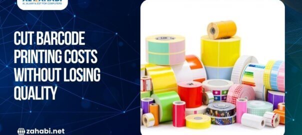 Colorful barcode label rolls used for retail barcode printing to reduce printing costs without compromising quality